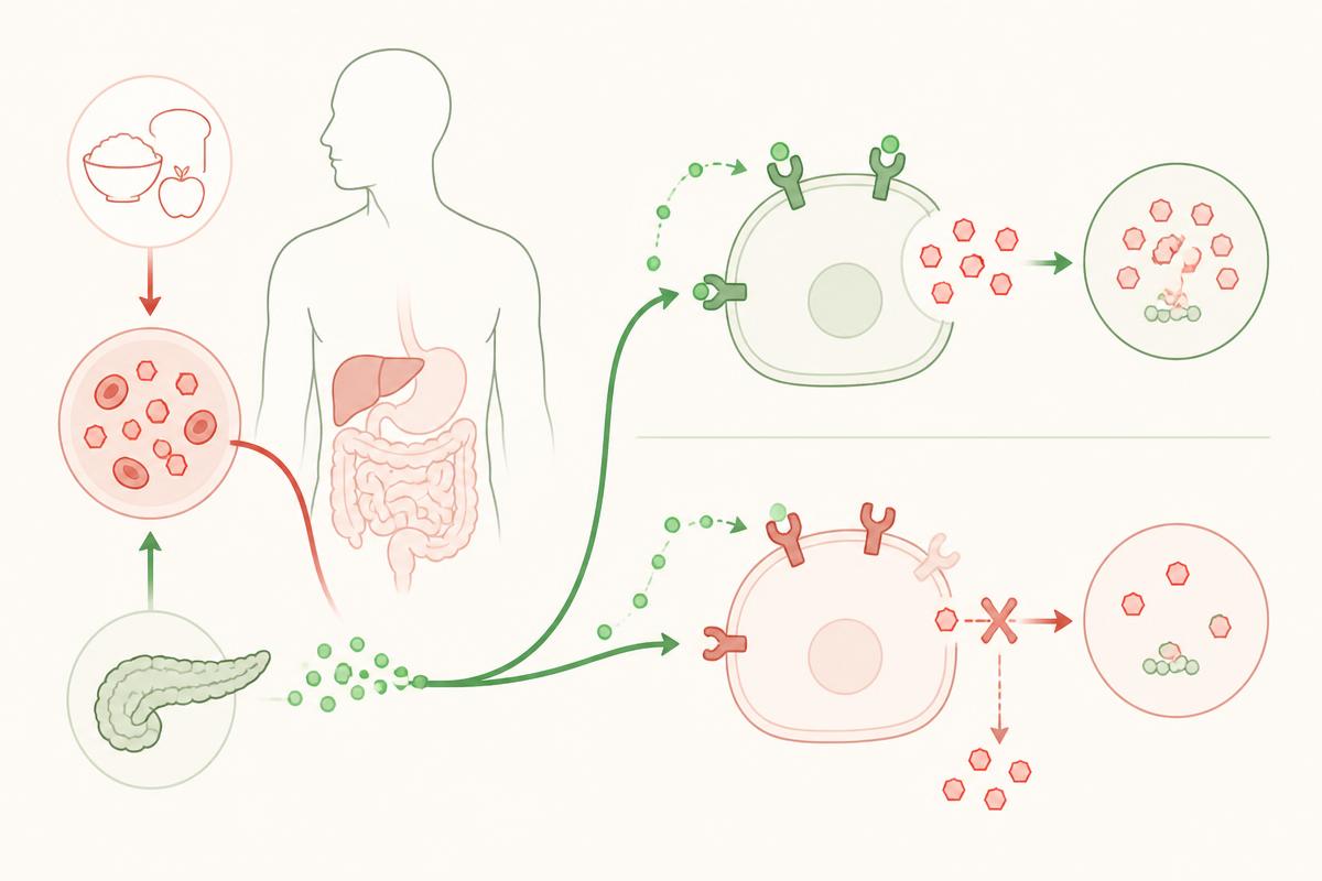 Illustration of glucose metabolism and insulin sensitivity, showing how GlucoLife+ supports healthy blood sugar