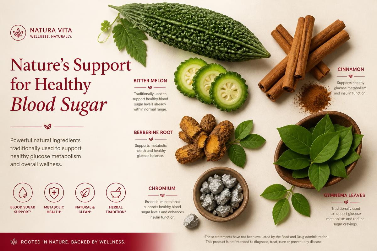 Bitter melon, cinnamon, berberine root, gymnema leaves and chromium — the natural ingredients in GlucoLife+ Blood Sugar Support