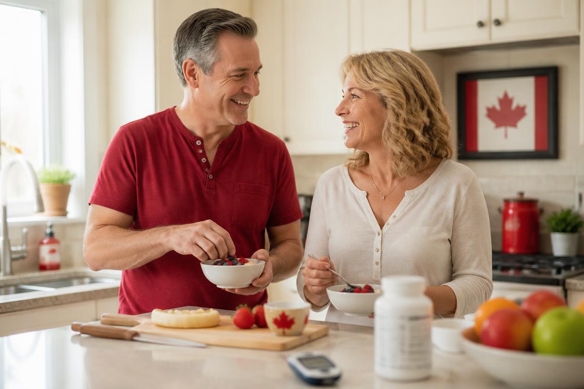 Canadian couple in their fifties preparing a balanced breakfast while using GlucoLife+ Blood Sugar Support